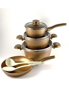 Buy 9-Piece Granite Vega Cookware Set - Glass Lids - 2 Deep Pots - 1 Sauce Pan - 1 Frypan - 1 Spoon - 1 Scoop -  Non-Stick Surface - PFOA Free -  Brown in UAE