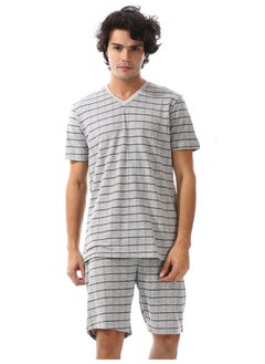 Buy Squared Patterned V-Neck Coin Grey Pajama Set_Grey in Egypt