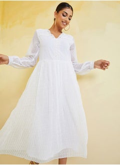 Buy Embroidered Insert Dobby Pleated A-Line Midi Dress in Saudi Arabia