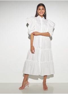 Buy 2Xtremz Solid Tiered Button Through Shirt Dress with Puff Sleeves in Saudi Arabia