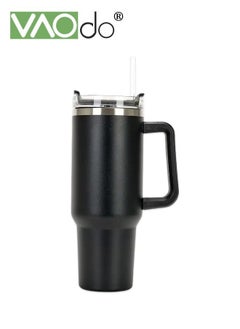 Buy Stainless Steel Double Layer Vacuum Hot Water Cup With Handle Lid And Straw To Keep Drinks Cool For Up To 24 Hours Dishwasher Safe 1200ml Black in Saudi Arabia