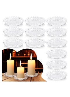 Buy Glass Candle Tray, 12 Pcs Transparent Crystal Coasters Round Modern Glass Coasters, 3 Inch Pillar Candle Holders, Modern Candle Tray Stand for Weddings Birthday Party Dining Table Centerpiece in Saudi Arabia