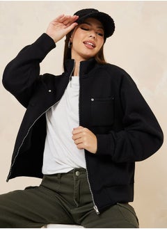 Buy Oversized High Neck Button Detail Bomber Jacket in Saudi Arabia