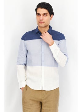 Buy Men Fitted Long Sleeve Color Block Casual Shirt, Blue/Navy/White in UAE