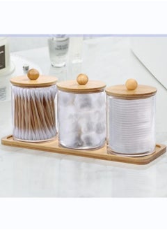 Buy 3 Pack Wood Lids Cotton Swab Boxes with Round Cover and 1 Bamboo Tray Transparent Bathroom Dispenser Storage in UAE