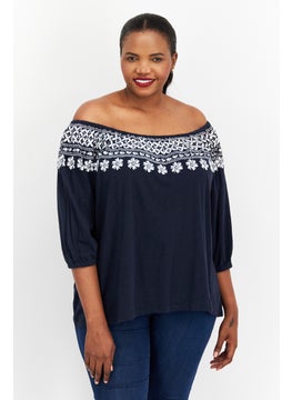 اشتري Women Plus Size Off-Shoulder Neckline Short Sleeves Embroidered  Blouse, Navy في الامارات