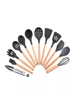 Buy 11-Piece Silicone Cooking Utensil Set Black/Brown in UAE