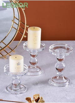 اشتري 3-Piece Glass Candles Stand Clear Crystal Candle Holder for Pillar Taper Candle and Tealight في السعودية