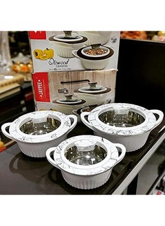 Buy Oliwood Glass Lid Casserole Set Of 3 Pieces 1000 Plus 1500 Plus 2000Ml Super Glossy Premium Finish High Quality With White Color Base White Marble in Saudi Arabia