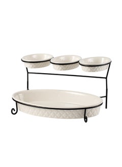 Buy Shallow Porcelain 2-Tier Oval Serving Set - Black Stand Rack - 3x 20cm and 1x 40cm in UAE