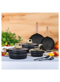 اشتري 10 Piece Auroware Non Stick Cookware Set Forged Aluminum Pot and Pans Wood Finish Handle Tempered Glass PFOA Free Casserole with Lid Frying Pan Sauce pan Kitchen Tools Black في الامارات