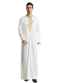 Buy Mens Stand Collar Embroidery Long Sleeve Kaftan Robe With Pockets And Button Islamic Arabic Abaya White in UAE