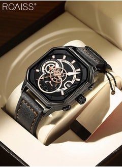 Buy Men's Leather Strap Quartz Watch, Analog Display Square Shape Black Dial Chronograph Watch with Gear Wheel Design, Waterproof Luminous Watch as Gift for Men in Saudi Arabia