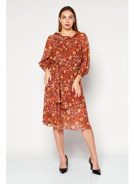 اشتري Women Floral Pattern Belted Midi Dress, Brown Combo في السعودية