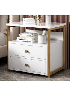 Buy Nightstand, Bedside Table with Two Drawers and Open Storage Shelf, Sturdy Metal Base, End Table, Storage Cabinet for Bedroom and Living Room, White and Gold, Modern and Stylish in UAE