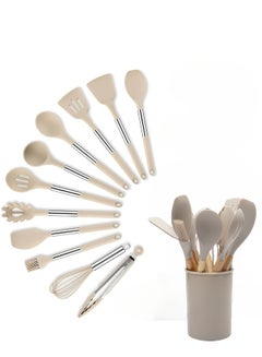 Buy 12 PCS Silicone Cooking Utensils Set 230℃ Heat Resistant Non-Stick Silicone Kitchen Utensil Set With Wooden Handles , BPA FREE Gadgets for Cookware,Bake，Kitchen Accessories,Khaki in Saudi Arabia