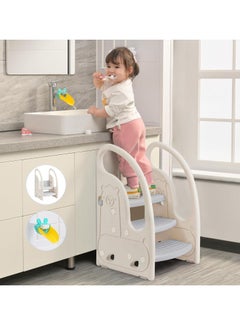 Buy Toddler 3 Step Stool Kids Standing Tower for Toddlers Plastic Learning Helper Stool for Kitchen Counter Bathroom Sink Toilet Potty Training with Handles and Non-Slip Pads-Grey White in UAE