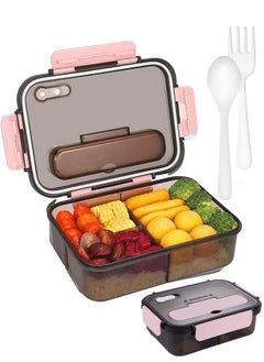 اشتري Bento Lunch Box - 3 Compartment Lunch Containers for Adults and Kids,Food Grade Plastic Lunch Box with Spoon & Fork (Pink） في السعودية