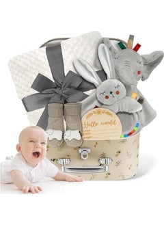 Buy Baby Boy Gift Basket Set, Unique Baby Gift Basket Set, New Baby Boy Gift Basket, New Baby Gift Basket Set with Baby Blanket, Baby Rattle, Bunny, Keepsake Milestone, Elephant Toy, Baby Socks in UAE