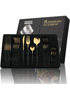Buy 24 Pcs Stainless Steel Two Tone Luxury Sleek Black Gold Plated Kitchen High Quality Cutlery Tableware Set Fork Spoon Knife in Velvet Kraft Gift Box in UAE