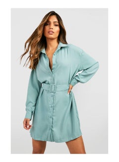 Buy Belted Button-Down Long Sleeve Shirt Dress in UAE
