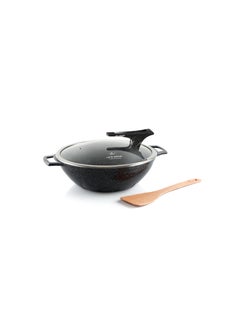 اشتري Wok Pan With Lid and 2 Handle Granite Coating - Die cast Aluminum Scratch Resistant Frying Pan , PFOA Free Induction Bottom Woks And Stir Fry Pans 32 CM في الامارات