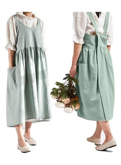 Buy Cotton Linen Cross Back Apron for Women with Pockets for Cooking Baking Painting Gardening Cleaning（Green） in UAE