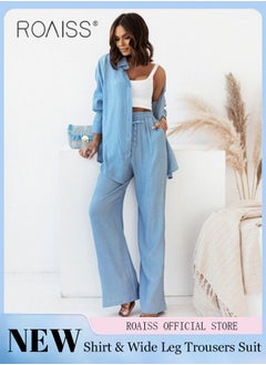 اشتري Ladies Comfortable Cotton Linen 2 Piece Suit for Daily Commute - Shirt and Wide Leg Pants Set with Simple Loose Fit Design for Leisure في الامارات