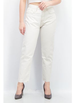 اشتري Women Mom Fit Two Tone Non Stretchable Denim Jeans, Off White/Cream في الامارات