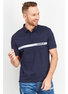 Buy Men Spread Neck Short Sleeve Graphic Print Polo Shirt, Navy Blue in UAE