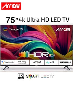 Buy ARRQW DLED 4K UHD HDR Smart TV, 75 Inch With Remote Control | FRAMELESS DESIGN | 3840x2160  Resolution| Smart TV with original Android 9 | Black color | 16:9 Aspect ratio |Model Name: RO-75LEG in Saudi Arabia