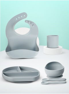 Buy Baybee Silicone Baby Feeding Set of 6 Pcs Tableware Kit for Toddler Kids BPA Free Self Eating Utensils Dishwasher Food Grade Suction Bowl Divided Plate with Adjustable Feeding Bib/ Cup/ Spoon (Grey) in UAE