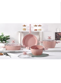 Buy 7-Piece Farah Cookware Set - Tempered Glass Lids - 2 Deep Pots - 1 Low Pot - 1 Frypan - Non-Stick Ceramic Surface - PFOA Free - Pink in UAE