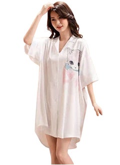 Buy Ladies Spring And Summer Chiffon Short-Sleeved Printed Shirt Nightdress Sleepwear Nightwear in UAE