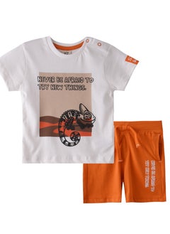 Buy Baby Boys 2 piece Set - T-Shirts & Shorts - Off-While and Orange (100% Cotton)- VJ in UAE