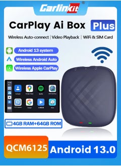 اشتري Carlinkit Wireless Carplay Android Auto 4+64GB Ai TV Box Bluetooth 8-Core 6125 CPU GPS Glonass CarPlay 4G LTE Smart Box في السعودية