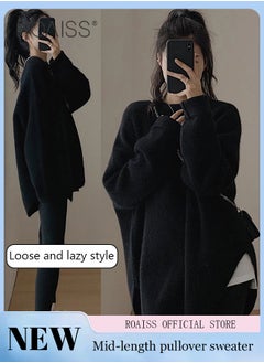 Buy Ladies MediumLength Loose Sweater Lazy Style Solid Color Round Neck Long Sleeves Cashmere Fabric Cozy and Stylish in UAE