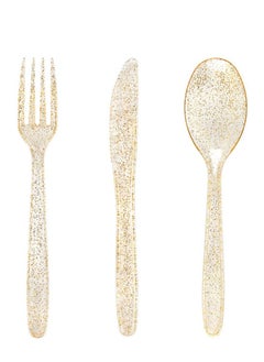 Buy 30 Pieces PVC Plastic Knife and Fork Cutlery Set,Disposable Gold Glitter Plastic Tableware Set - Plastic Tableware Includes: 10 Gold Forks, 10 Gold Spoons, 10 Gold Knives Fancy Partyware in Saudi Arabia