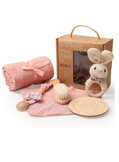 Buy WOODEN TEETHER Baby Gift Set for Newborn, for Girls & Boys - 6 PCS Newborn Baby Essentials Baby Bath Set with Baby Blanket Baby Rattle - New Born Baby Girls Gift & Baby Boy Gifts(Bunny-1) in Saudi Arabia