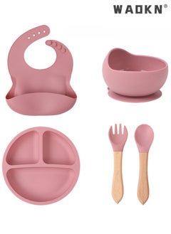 Buy 5PCS Baby Silicone Sucker Plate Bowl Bibs Spoon Fork Cutlery Sets Baby Toddler Bib Divided Plate and Bowl Self Feeding Spoons Dish Set | Baby Eating Utensils | Toddler Feeding Supplies Kids Gift in UAE