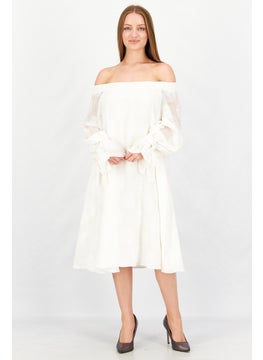 اشتري Women Off Shoulder Solid Midi Dress, Cream في الامارات