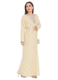 Buy UNIQUE NECK THREAD EMBROIDERED LONG FLORAL PRINTED VISCOSE ARABIC KAFTAN JALABIYA DRESS in Saudi Arabia