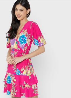 Buy Puff Sleeve Ruffle Tie Detail Dress in UAE