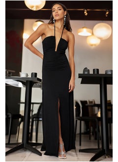 Buy Black Waist Opening/Skater Knitted Long Evening Evening Dress TPRSS24AE00000 in Egypt