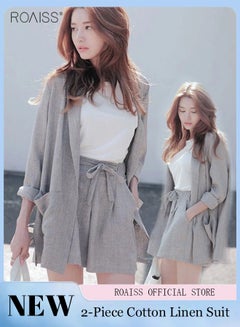 Buy Women's 2-Piece Cotton Linen Set Lightweight Small Suit Jacket And Casual Loose Fitting Wide Leg Shorts in UAE