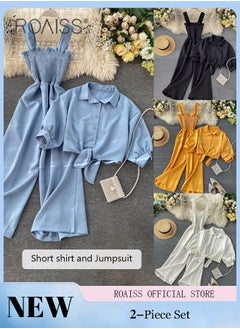 Buy 2-Piece Women Casual Suit Lapel Neck Shirt and Sling Pleated Wide Leg Jumpsuit Candy Color Matching Waist Design Ideal for Daily Commuting Wear in UAE