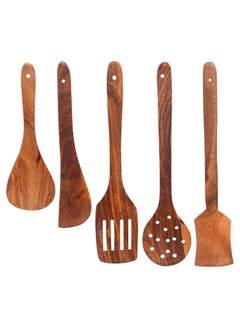 Buy Spoonique 5 Pcs Acacia Wooden Cooking Utensils Includes Long Spoon Spatula Colander For Nonstick Pans High Heat Stirring Baking in UAE