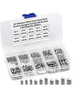 اشتري Stainless Steel Grub Cone Point Hex Socket Screws Set, 260 Pcs Metric Thread Socket Allen Key Cup Point Grub Screw Set with M3 M4 M5 M6 for Door Handles Faucet Light Fixture في السعودية