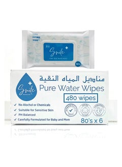 Buy Pure Water Wipes 80 - Piece, Pack Of 6, 480 Wipes in UAE