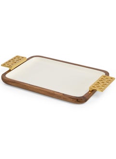 Buy Damask Large Wooden Rectangular Tray, White & Gold - 47x30 cm in UAE